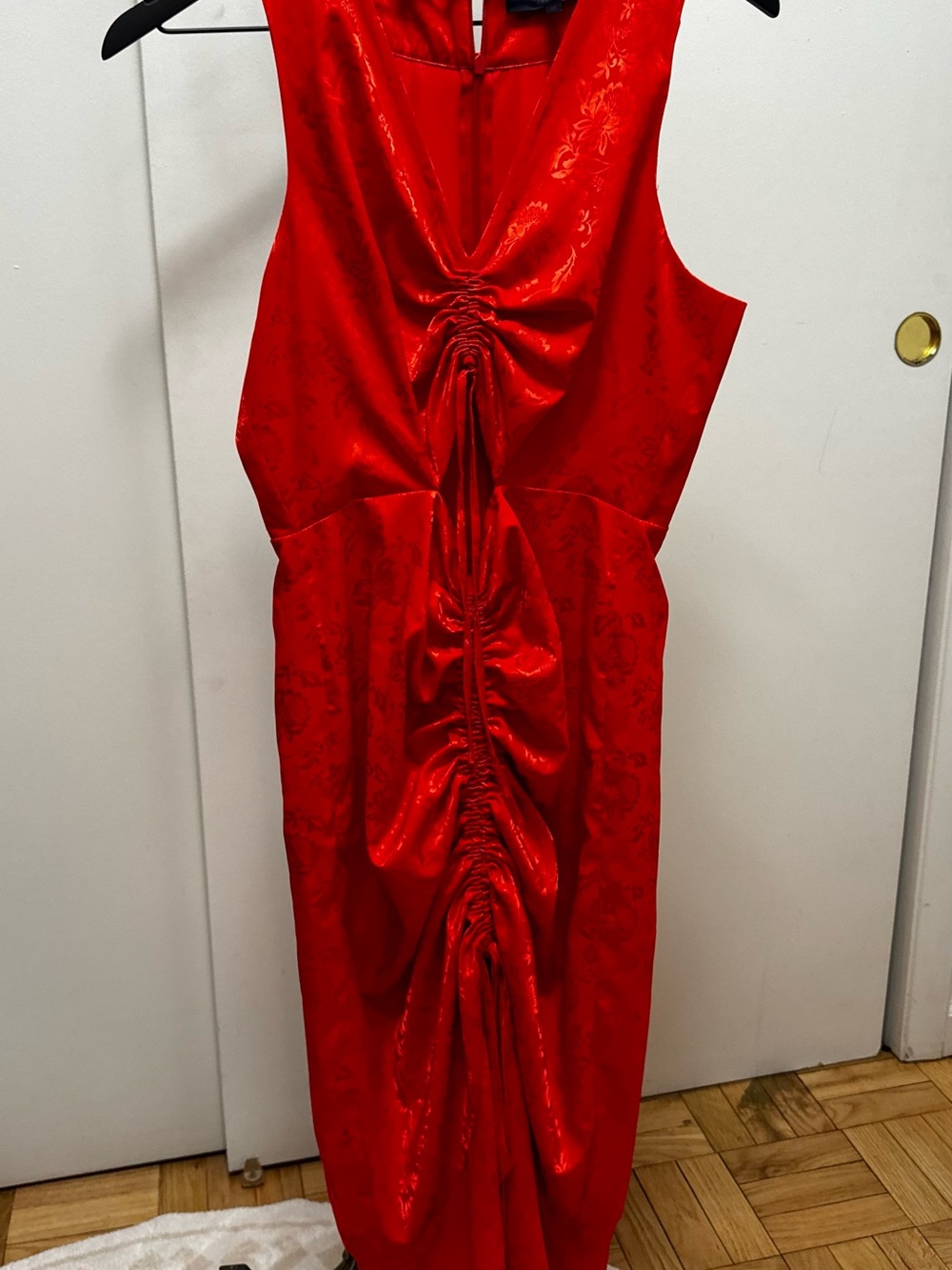 Rachel Zoe Vibrant Red Ruched Satin Midi Dress